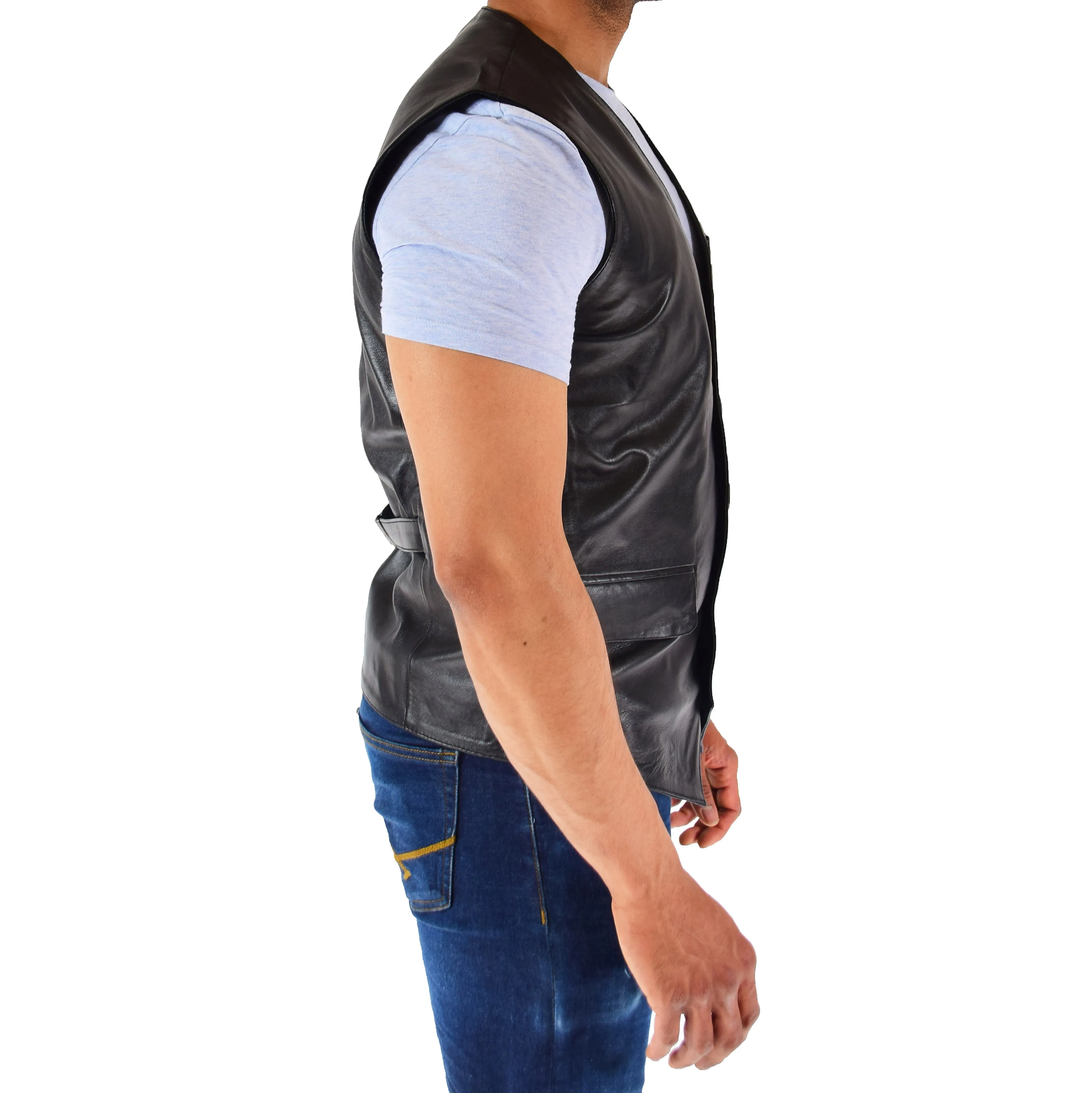 Mens Real Leather Gilet Vest Waistcoat SAM Black