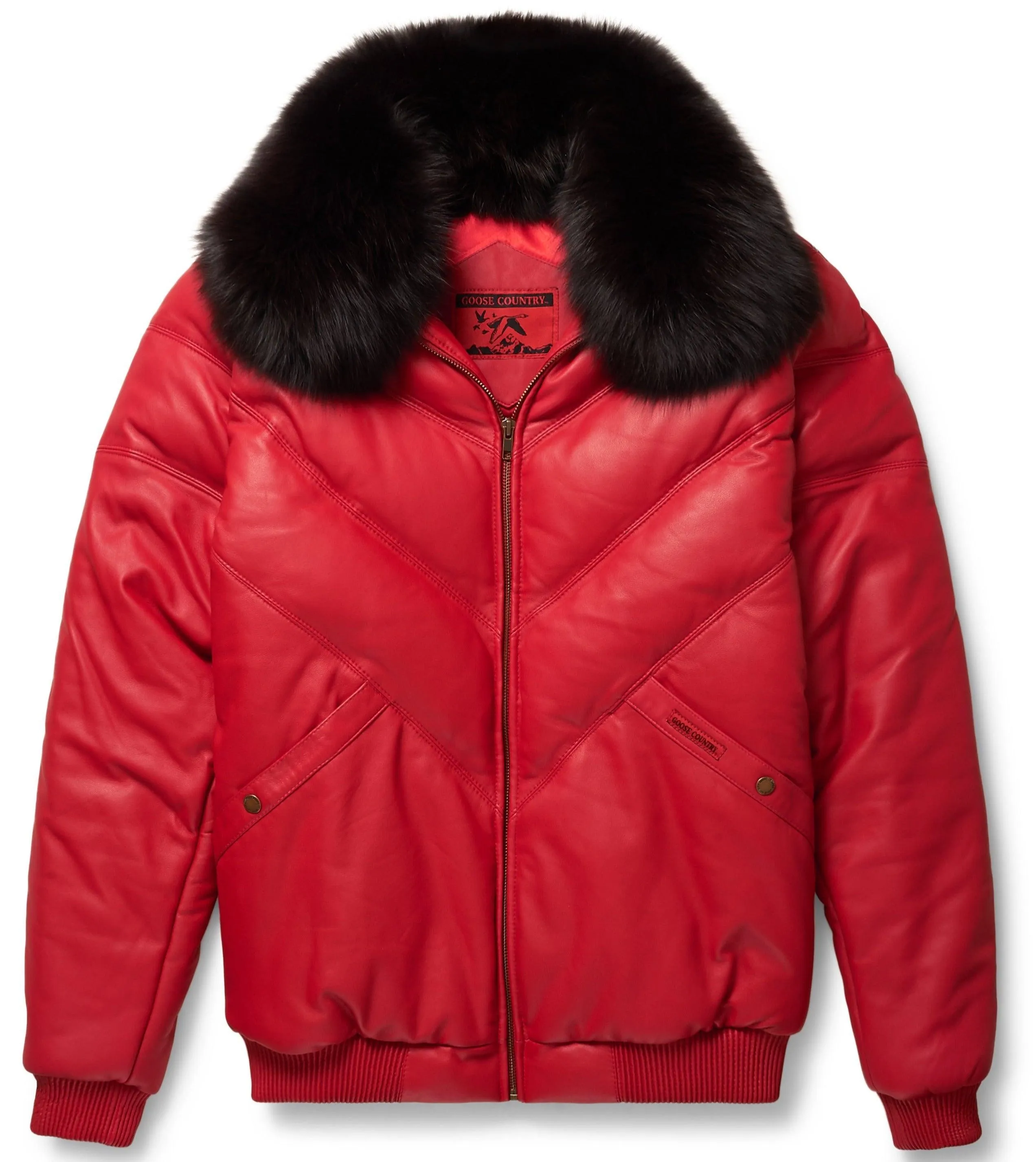 Men's Red Leather V-Bomber Jacket