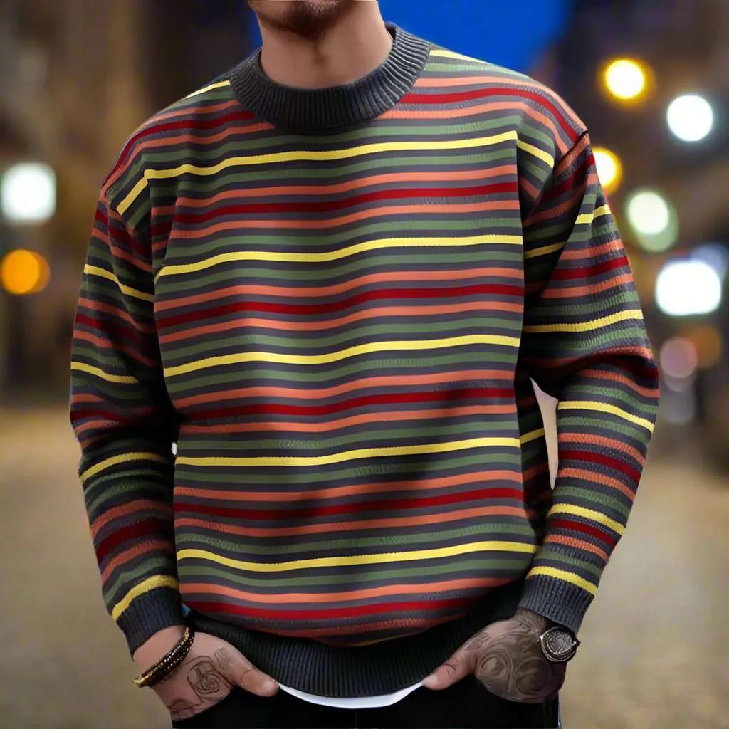 Men's Round Neck Thickened Retro Rainbow Jumper