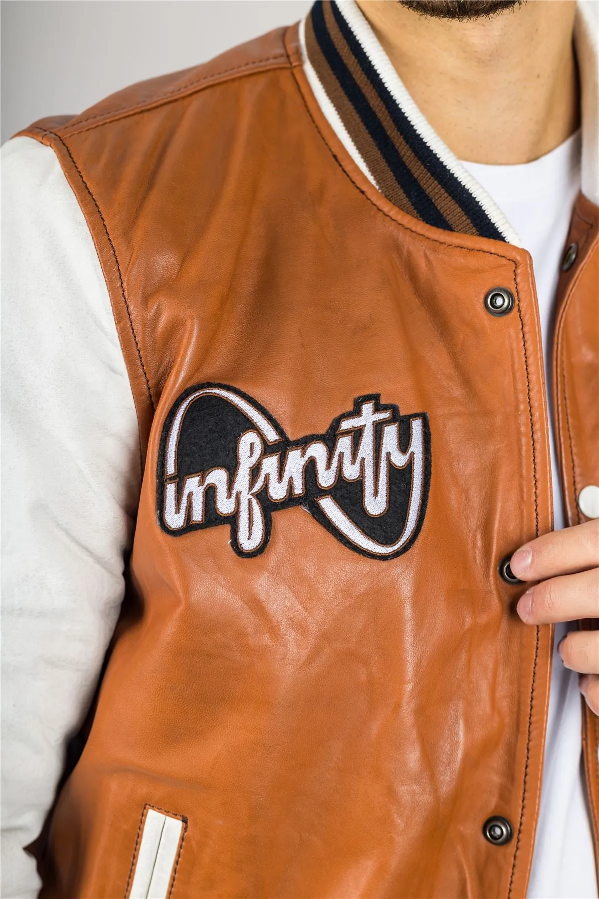 Men's Tan Brown Leather Letterman Bomber Jacket