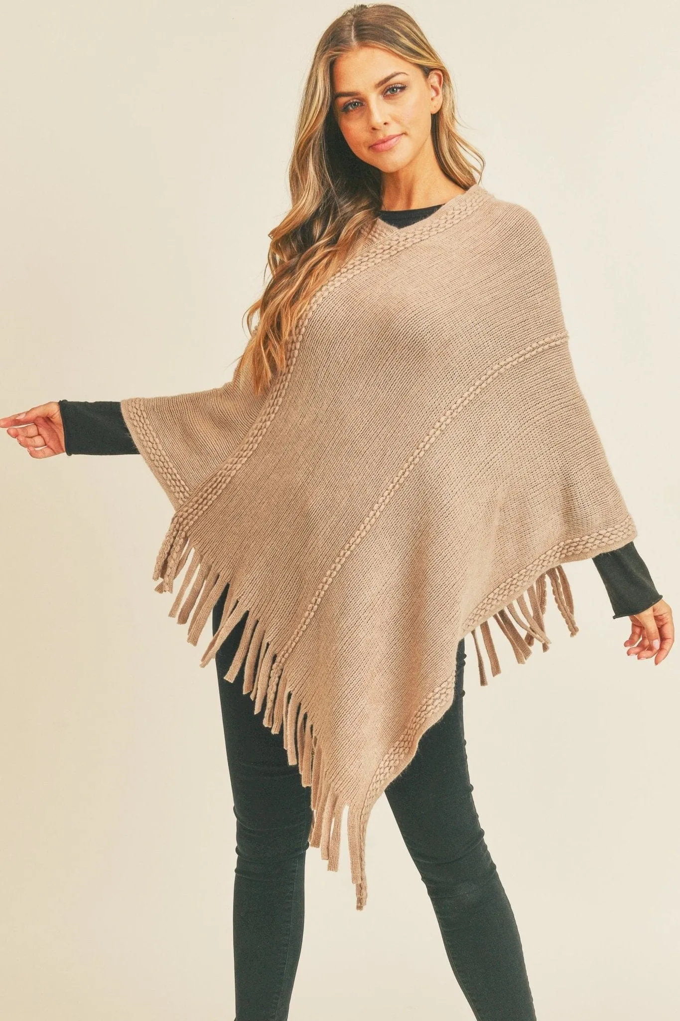 MS0272 Sandy Embossed Line Tassel Poncho