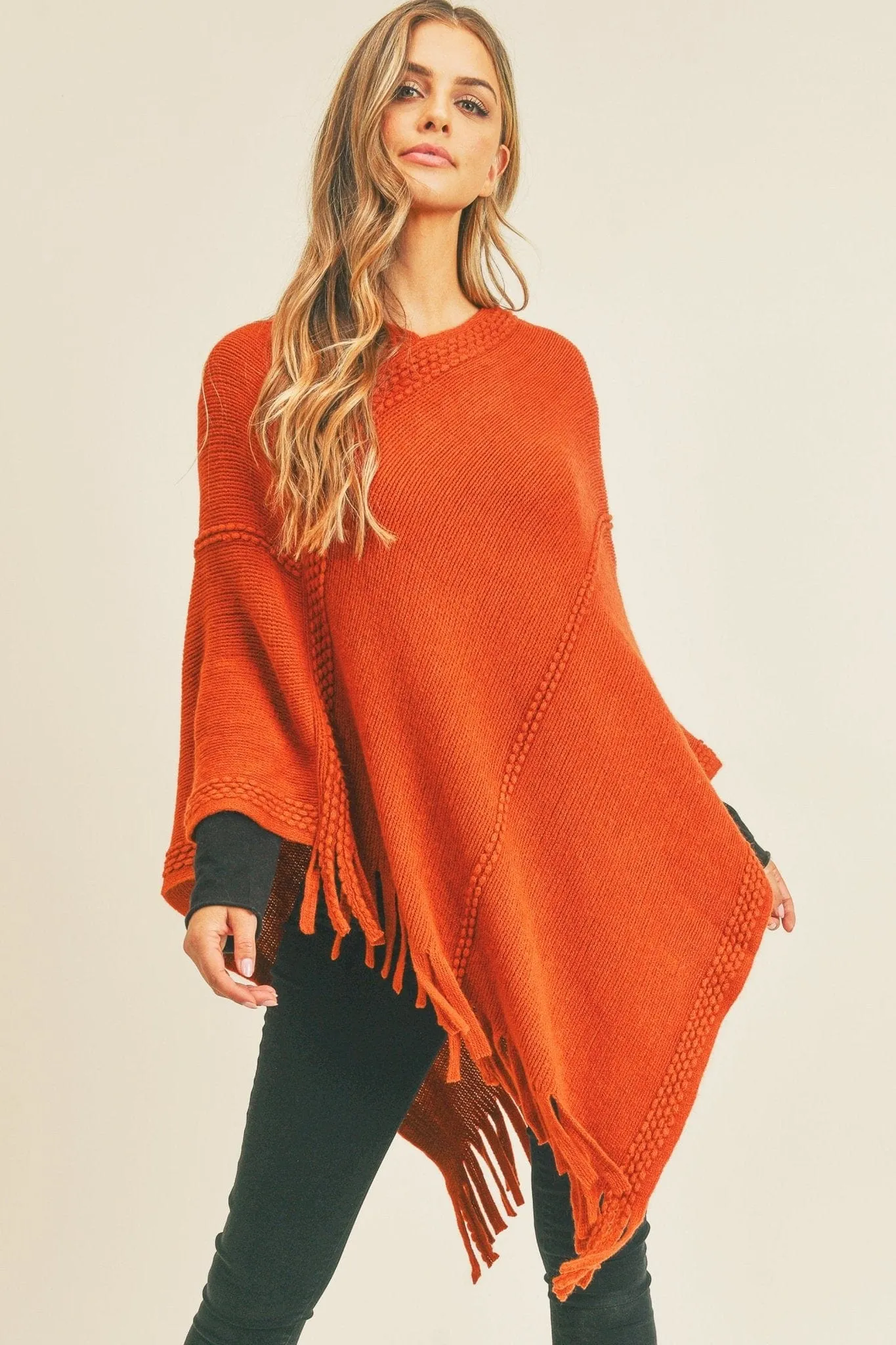 MS0272 Sandy Embossed Line Tassel Poncho