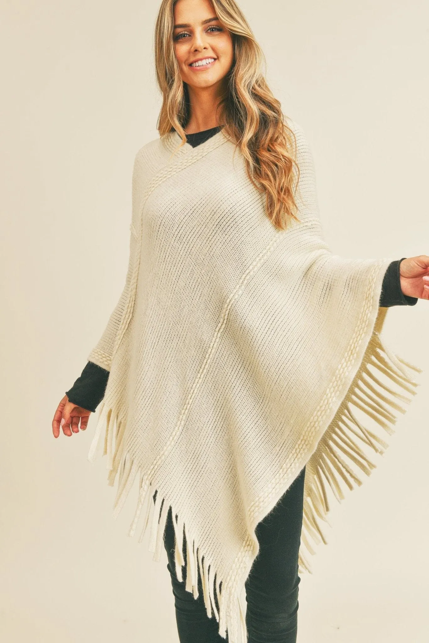 MS0272 Sandy Embossed Line Tassel Poncho