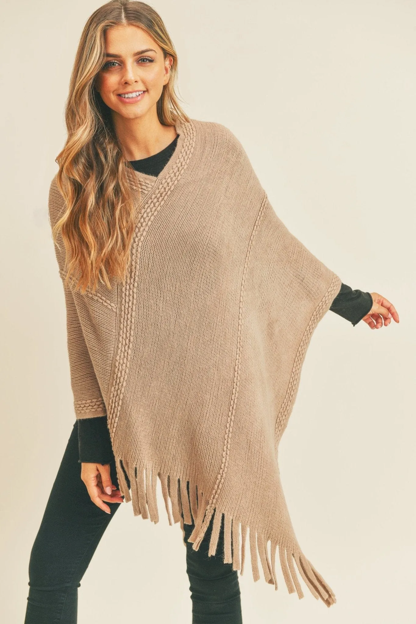 MS0272 Sandy Embossed Line Tassel Poncho