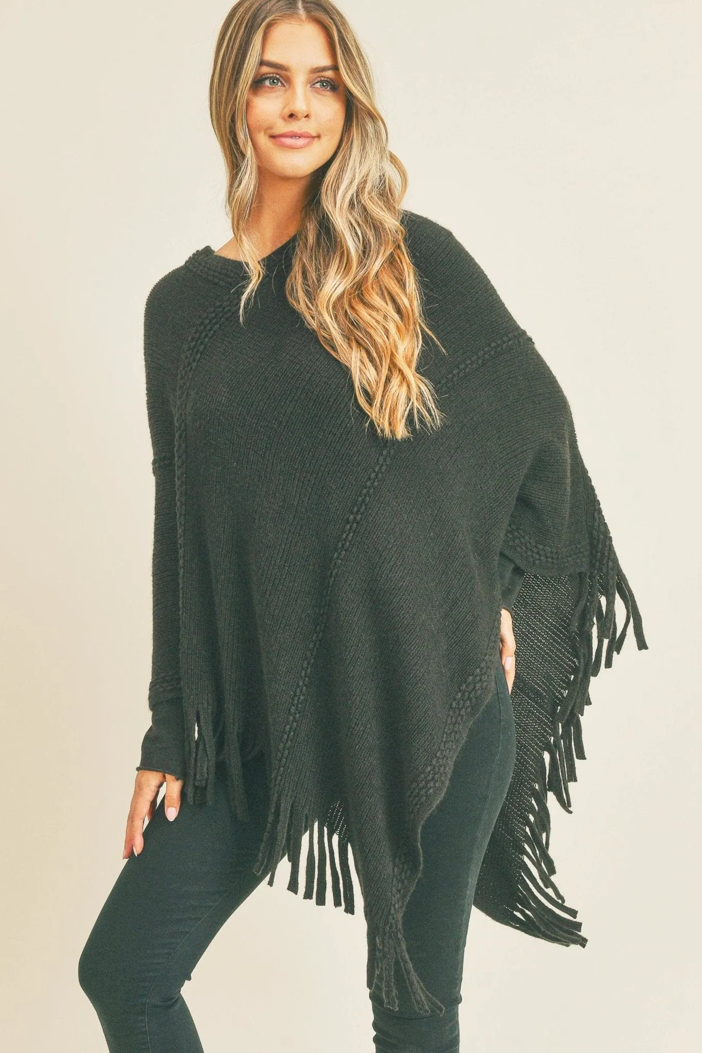 MS0272 Sandy Embossed Line Tassel Poncho