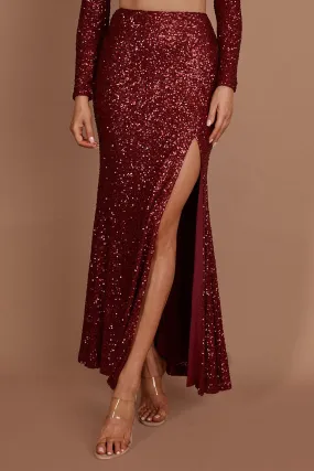 Nights In Monaco Split Sequin Maxi Skirt Burgundy