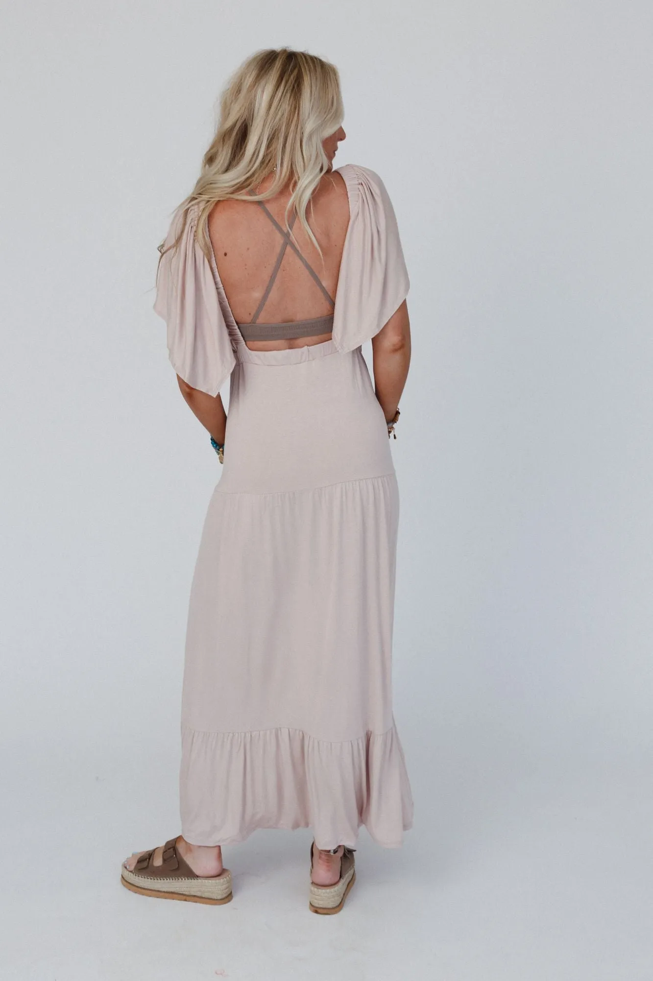 On Repeat Open Back Ruffle Maxi Dress - Sand