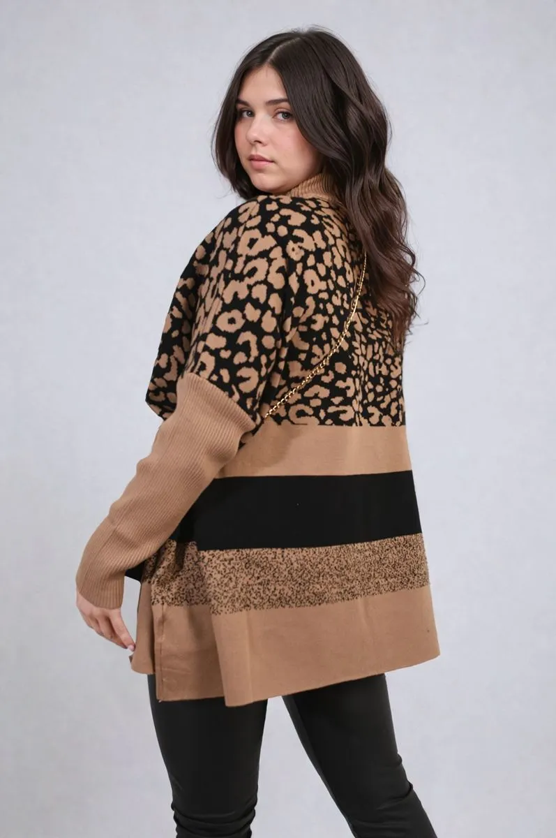 Oversized Leopard Print High Neck Knitted Jumper