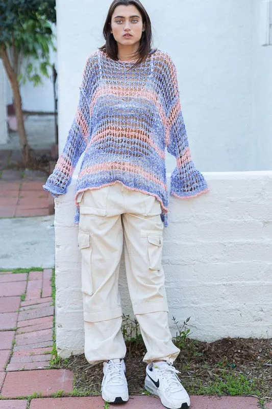 Oversized Open Knit Striped Pullover Sweater Top