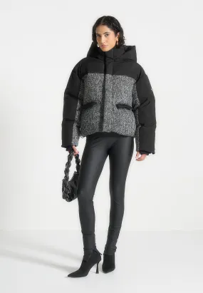 Oversized Tweed Puffer Jacket - Black