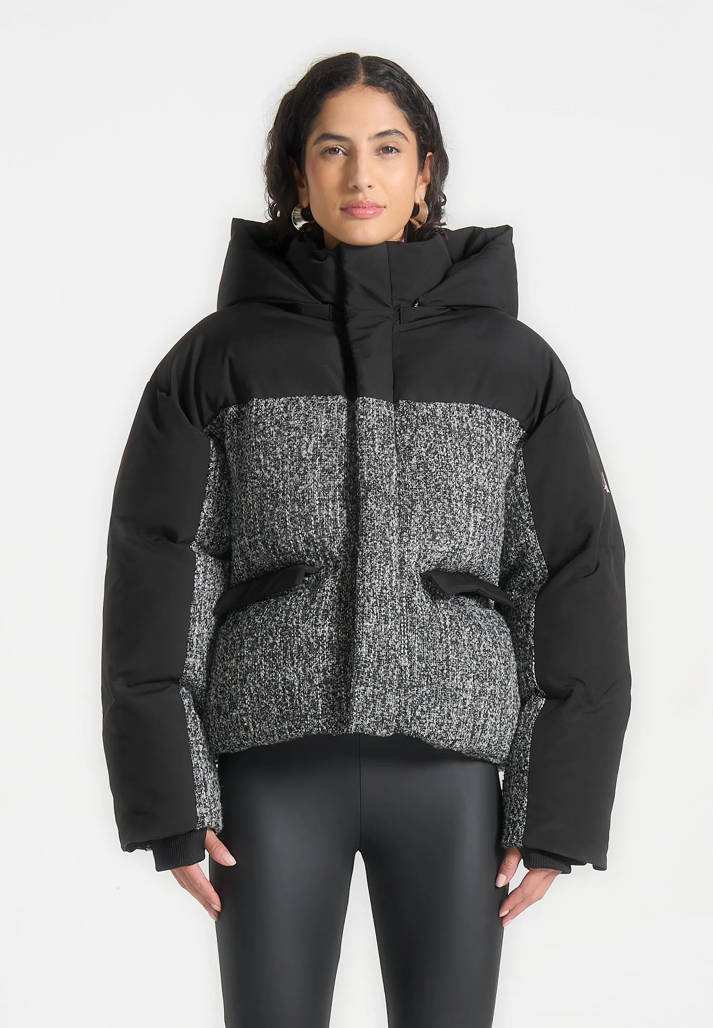 Oversized Tweed Puffer Jacket - Black