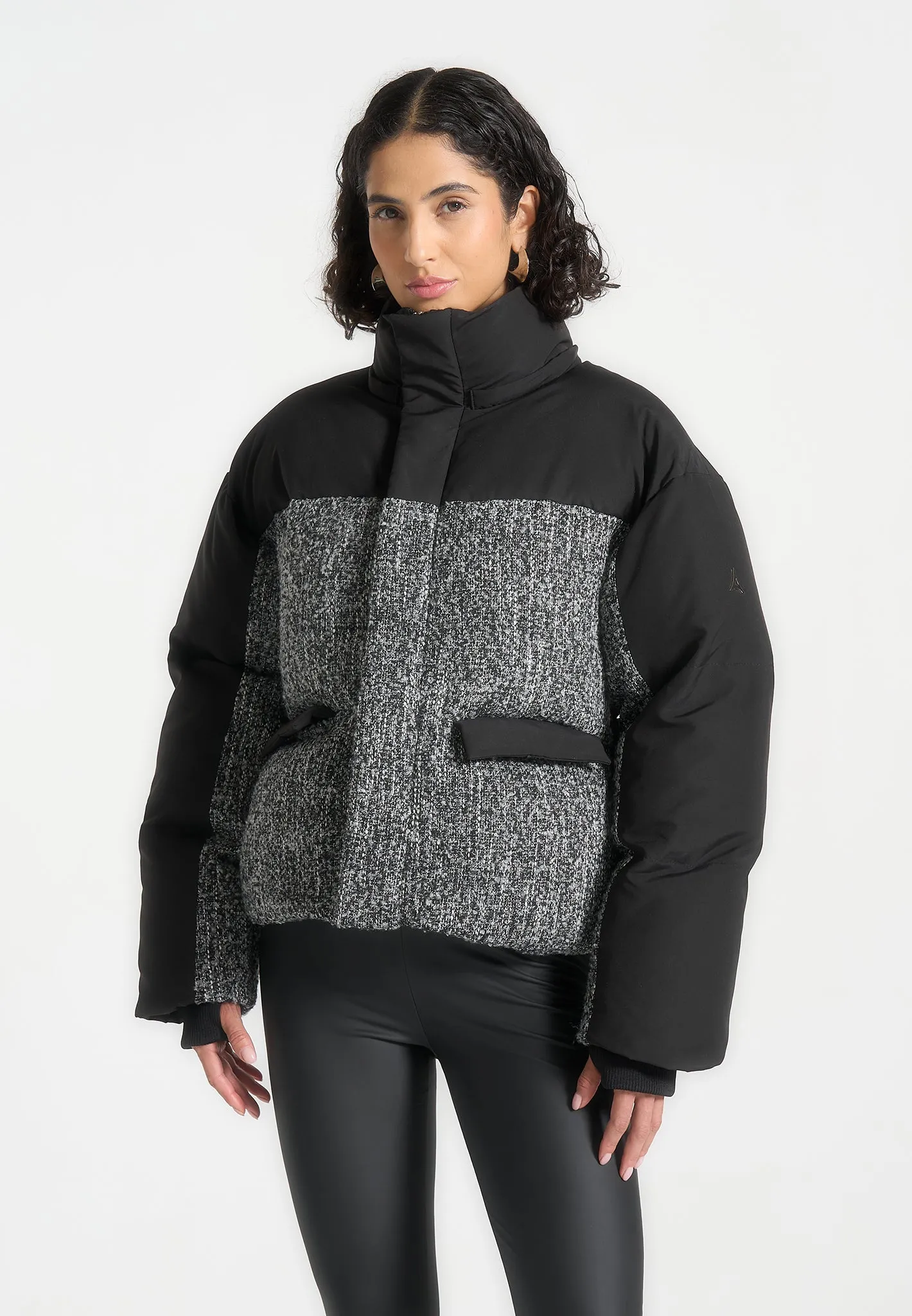 Oversized Tweed Puffer Jacket - Black