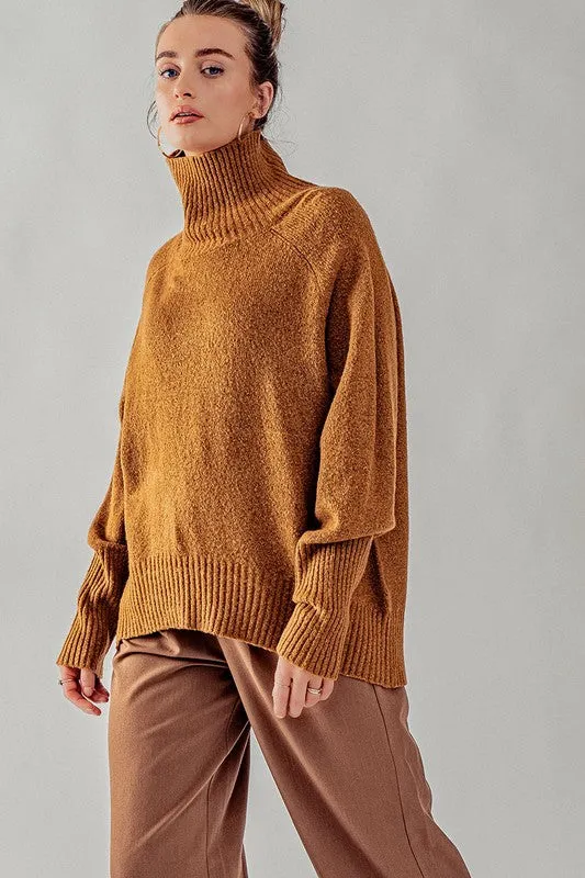 Pale Brown High Turtle Neck Drop Shoulder Knit Top