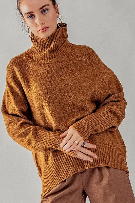 Pale Brown High Turtle Neck Drop Shoulder Knit Top