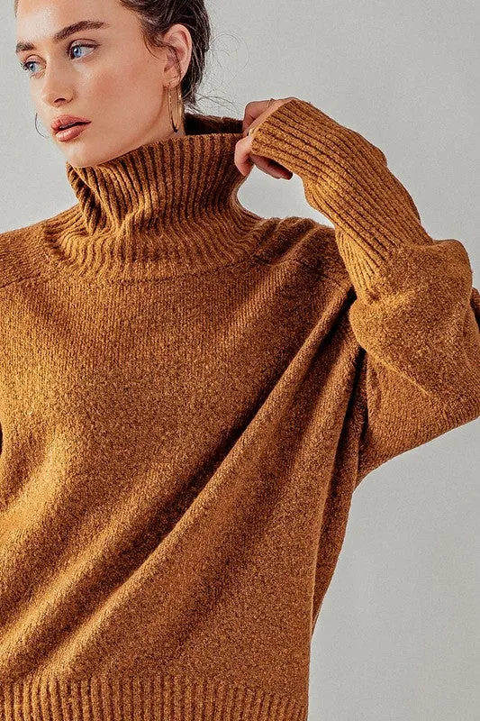 Pale Brown High Turtle Neck Drop Shoulder Knit Top