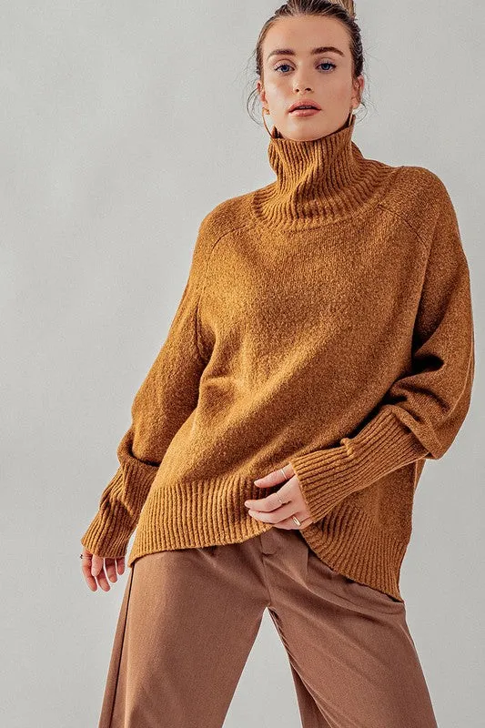 Pale Brown High Turtle Neck Drop Shoulder Knit Top