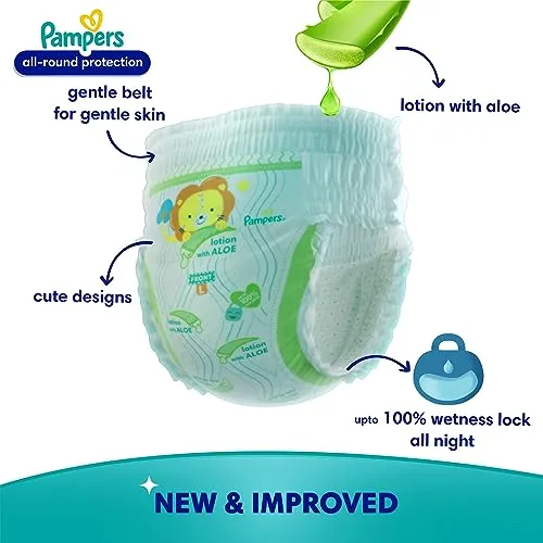 Pampers All round Protection Pants Style Baby Diapers, Large (L) Size, 128 Count, Anti Rash Blanket, Lotion with Aloe Vera, 9-14kg Diapers