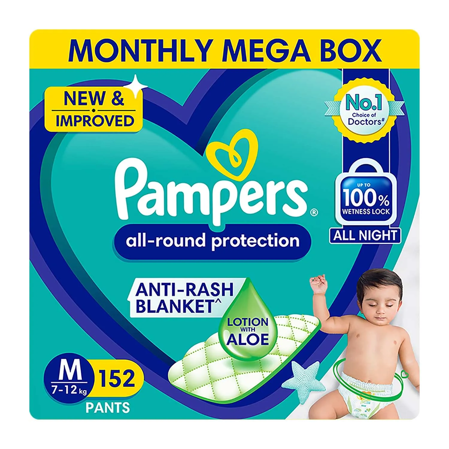 Pampers All round Protection Pants Style Baby Diapers, Medium (M) Size, 152 Count, Anti Rash Blanket, Lotion with Aloe Vera, 7-12kg Diapers