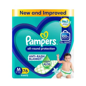 Pampers All round Protection Pants Style Baby Diapers, Medium (M) Size, 76 Count, Anti Rash Blanket, Lotion with Aloe Vera, 7-12kg Diapers