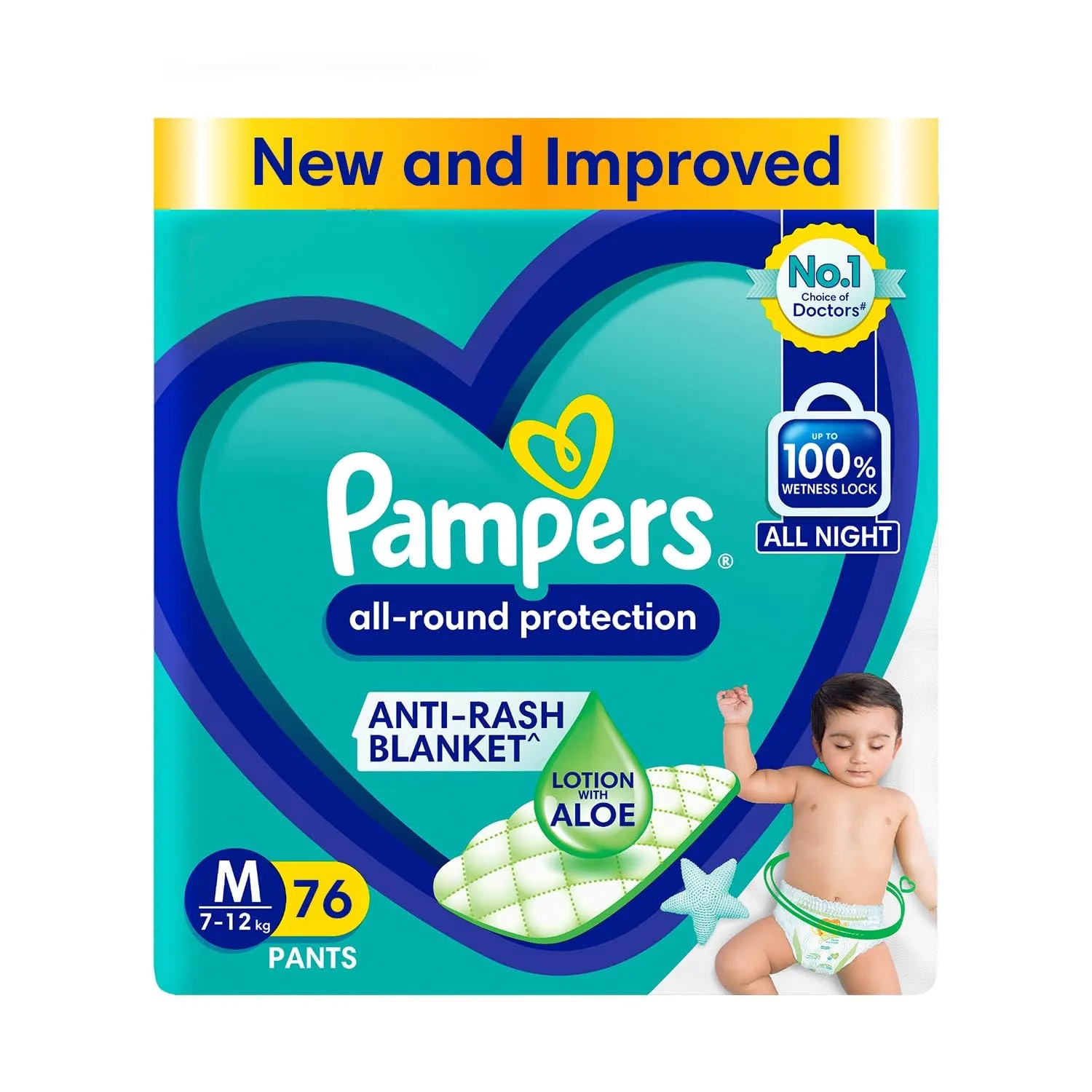 Pampers All round Protection Pants Style Baby Diapers, Medium (M) Size, 76 Count, Anti Rash Blanket, Lotion with Aloe Vera, 7-12kg Diapers