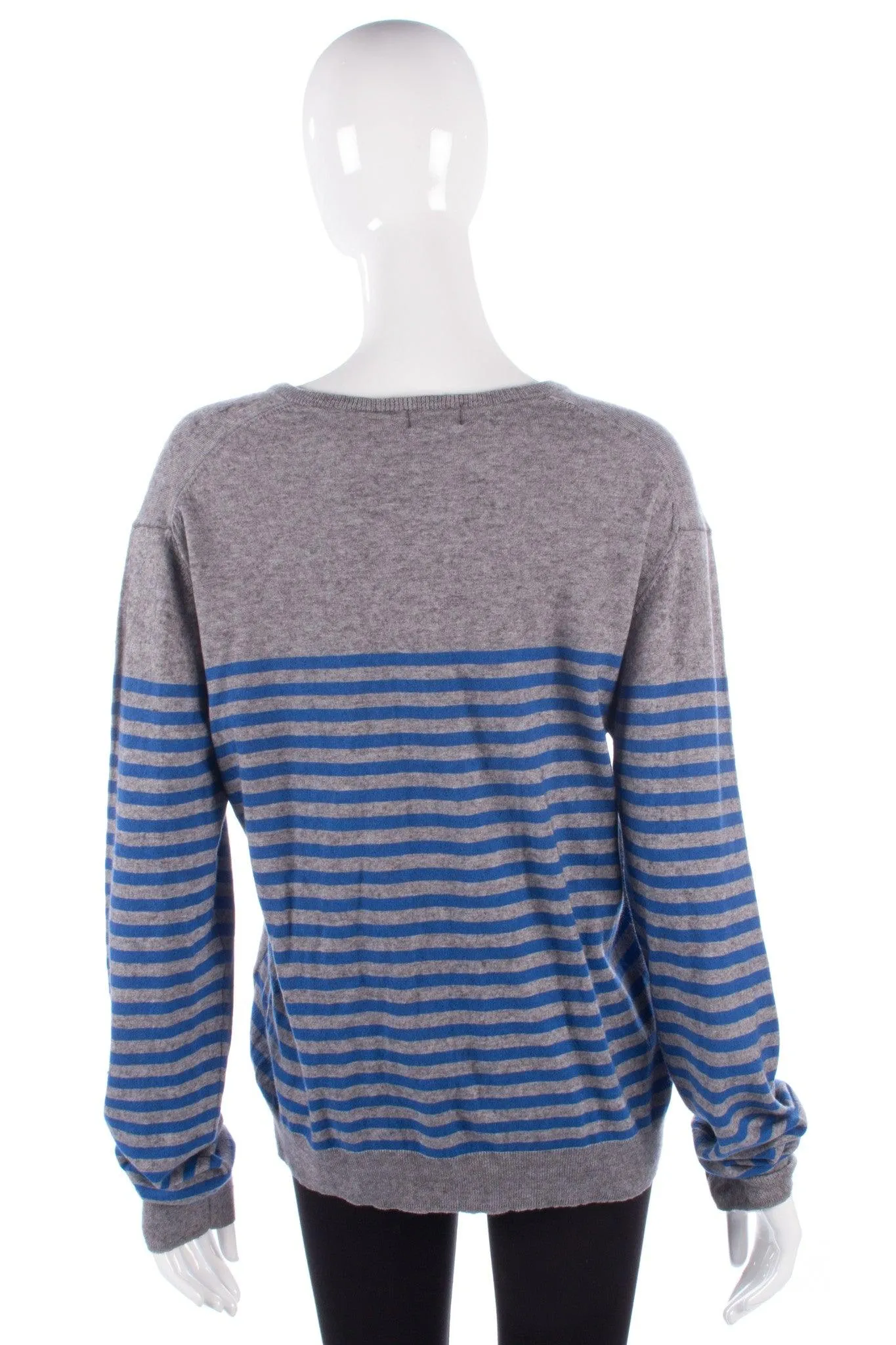 Paul Smith V neck Jumper. Grey with Blue Stripped Sleeves and Sides Size L