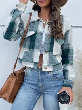 Perfee Plaid Button Up Drop Shoulder Cropped Jacket