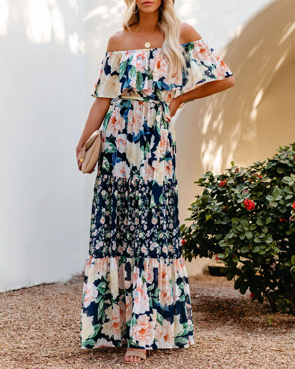 Petal Power Floral Off The Shoulder Maxi Dress - Navy