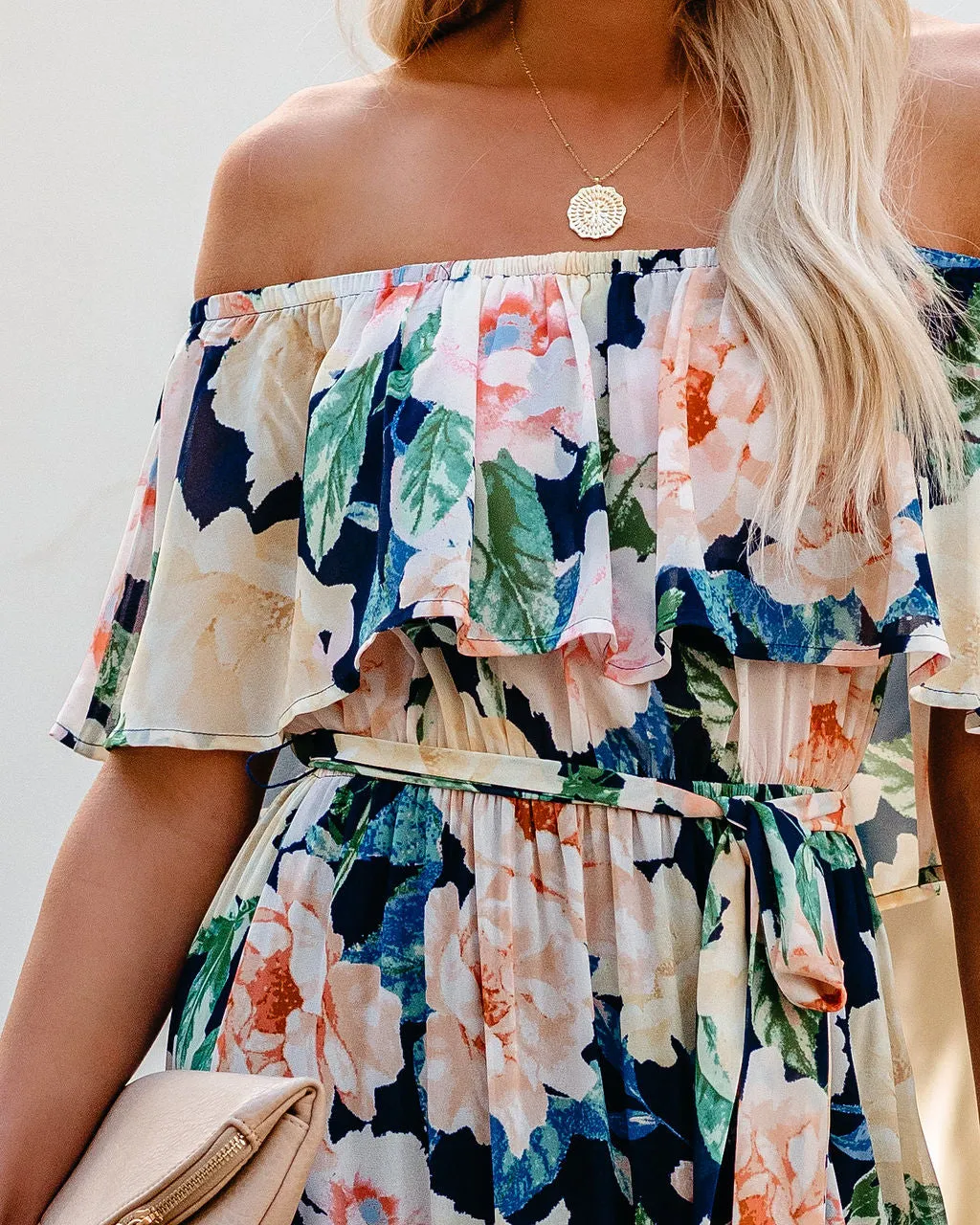 Petal Power Floral Off The Shoulder Maxi Dress - Navy