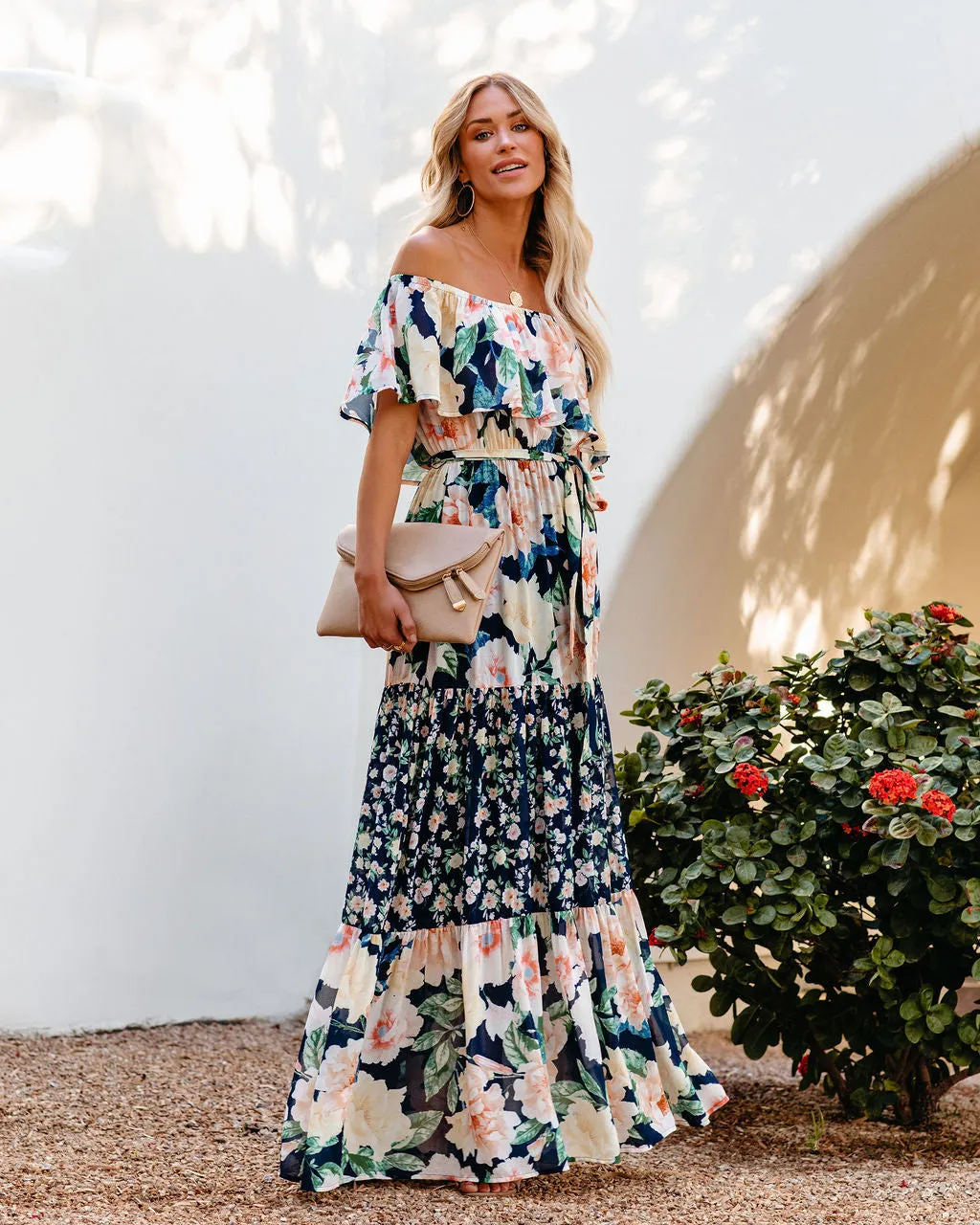 Petal Power Floral Off The Shoulder Maxi Dress - Navy