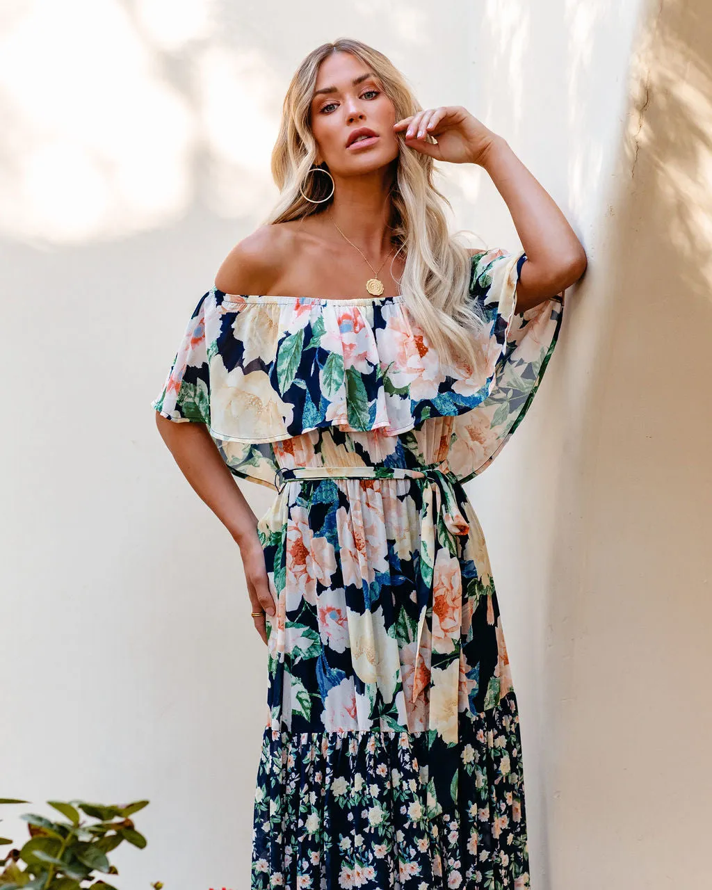 Petal Power Floral Off The Shoulder Maxi Dress - Navy