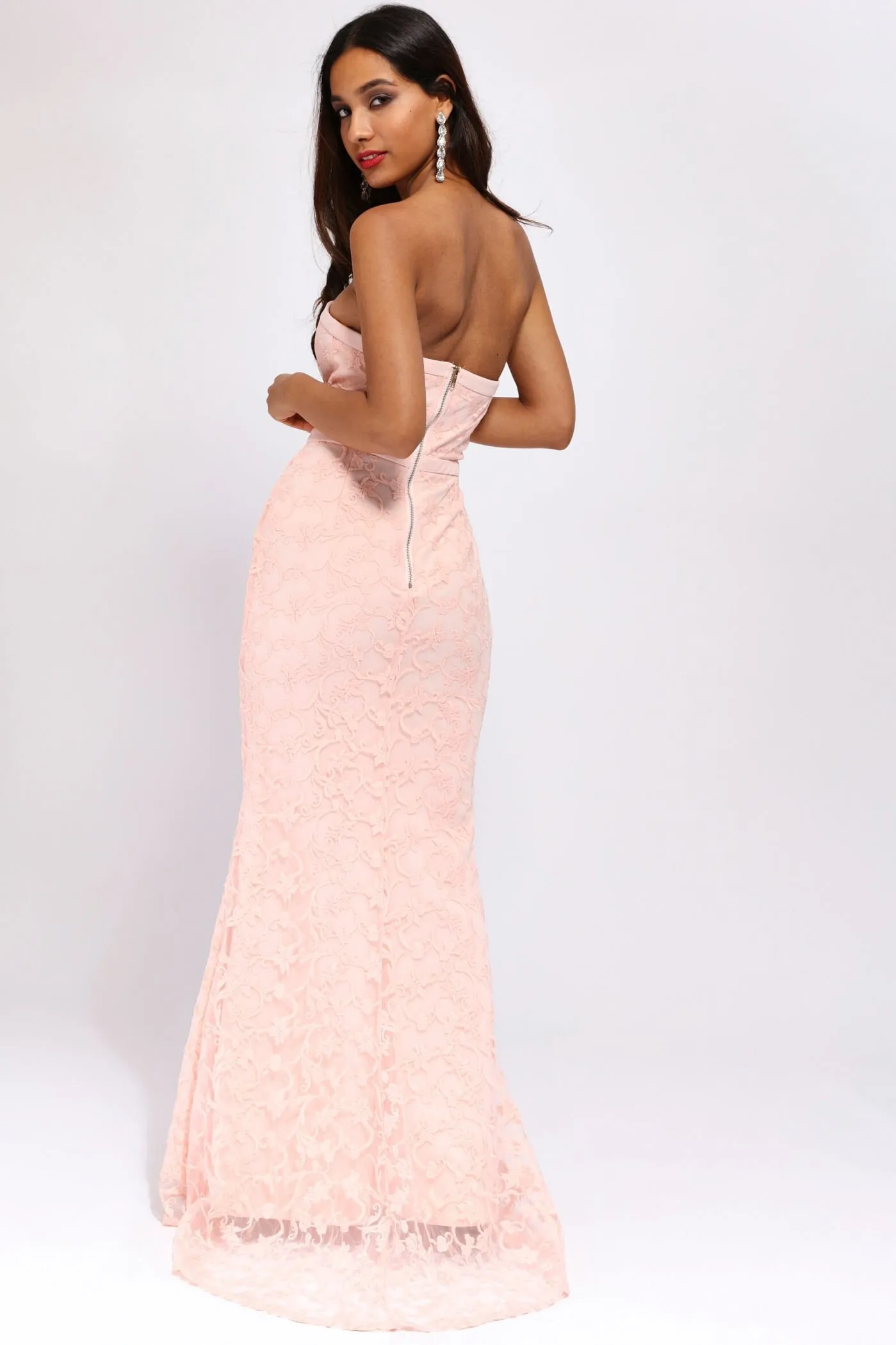 Pink Strapless Lace Fitted Fishtail Dress