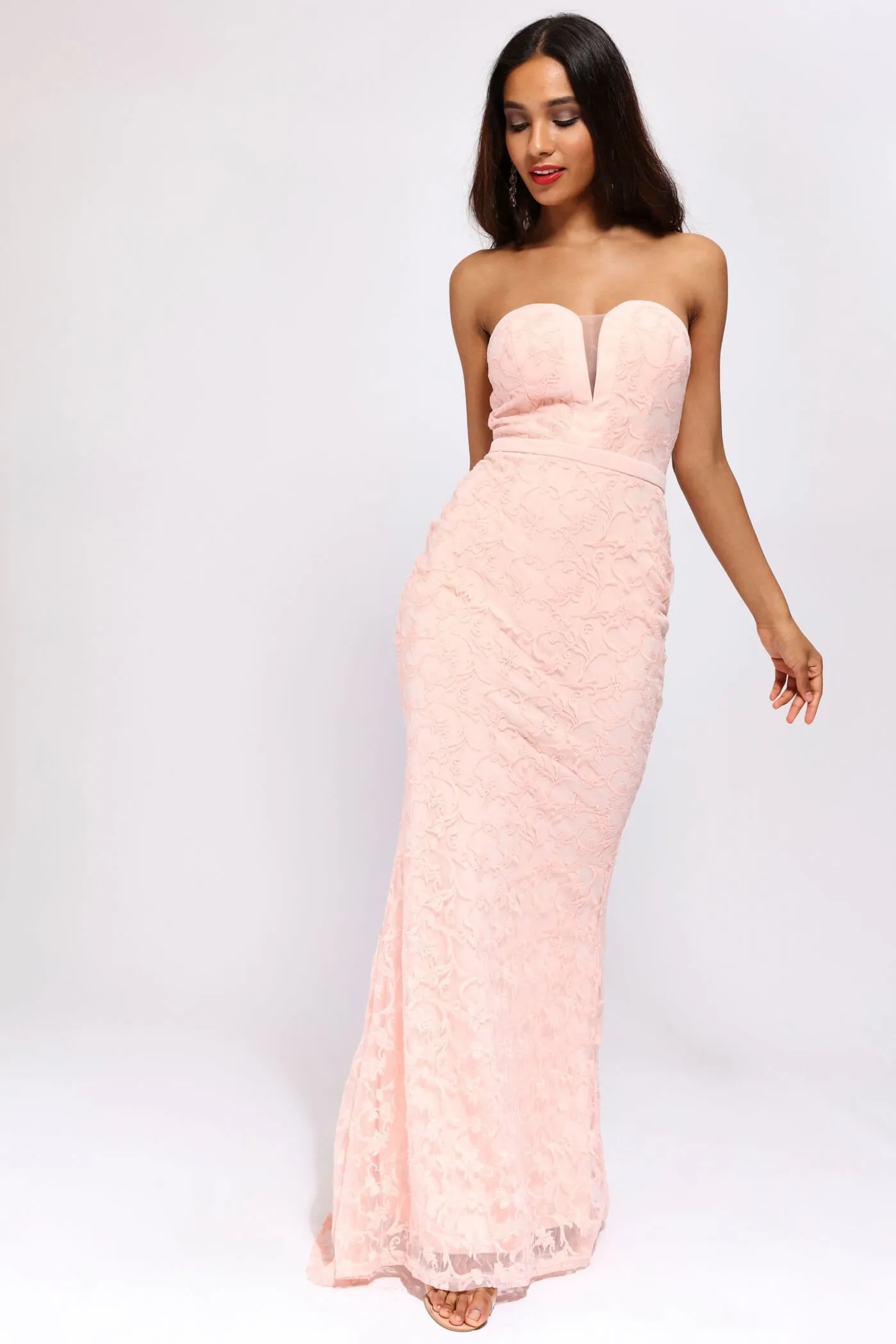 Pink Strapless Lace Fitted Fishtail Dress