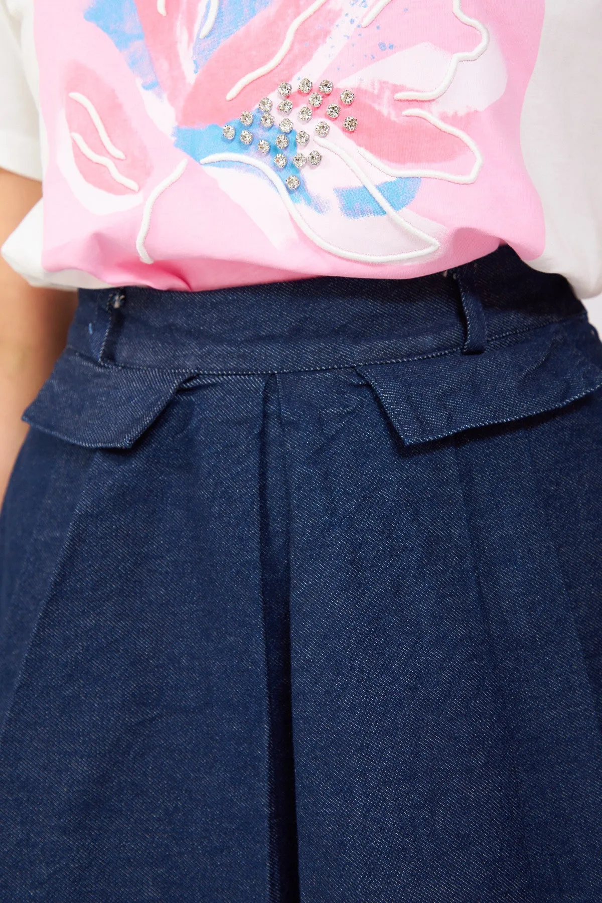 Pleated Mini Denim Skirt Blue