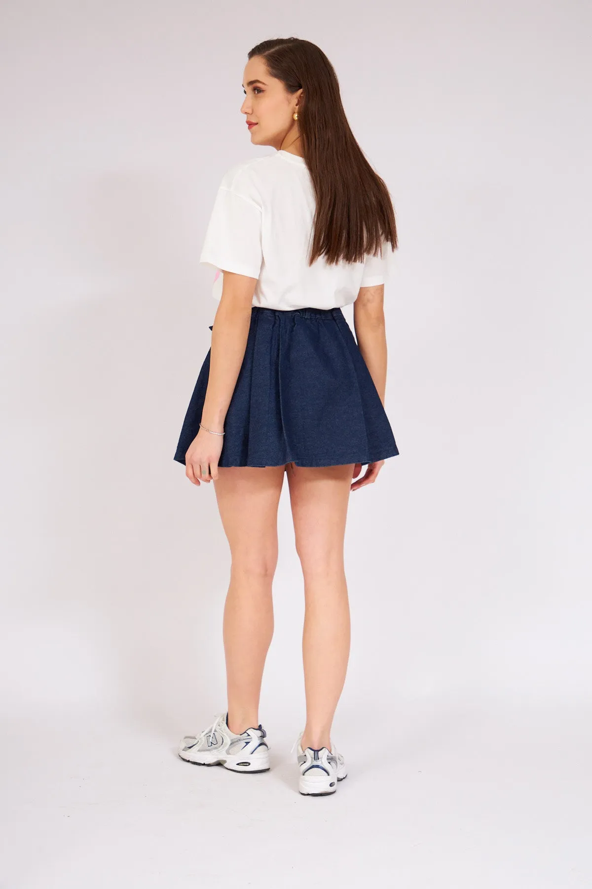 Pleated Mini Denim Skirt Blue