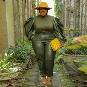 Plus Size Leather Trumpet Sleeve Outfit