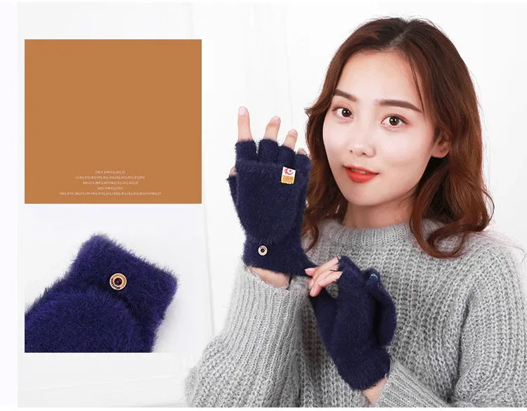 Plush Fingerless Flip Gloves for Women – Soft, Warm, Winter Cold Protection