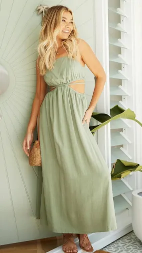 Rachelle Linen Blend Cutout Halter Maxi Dress - Light Olive