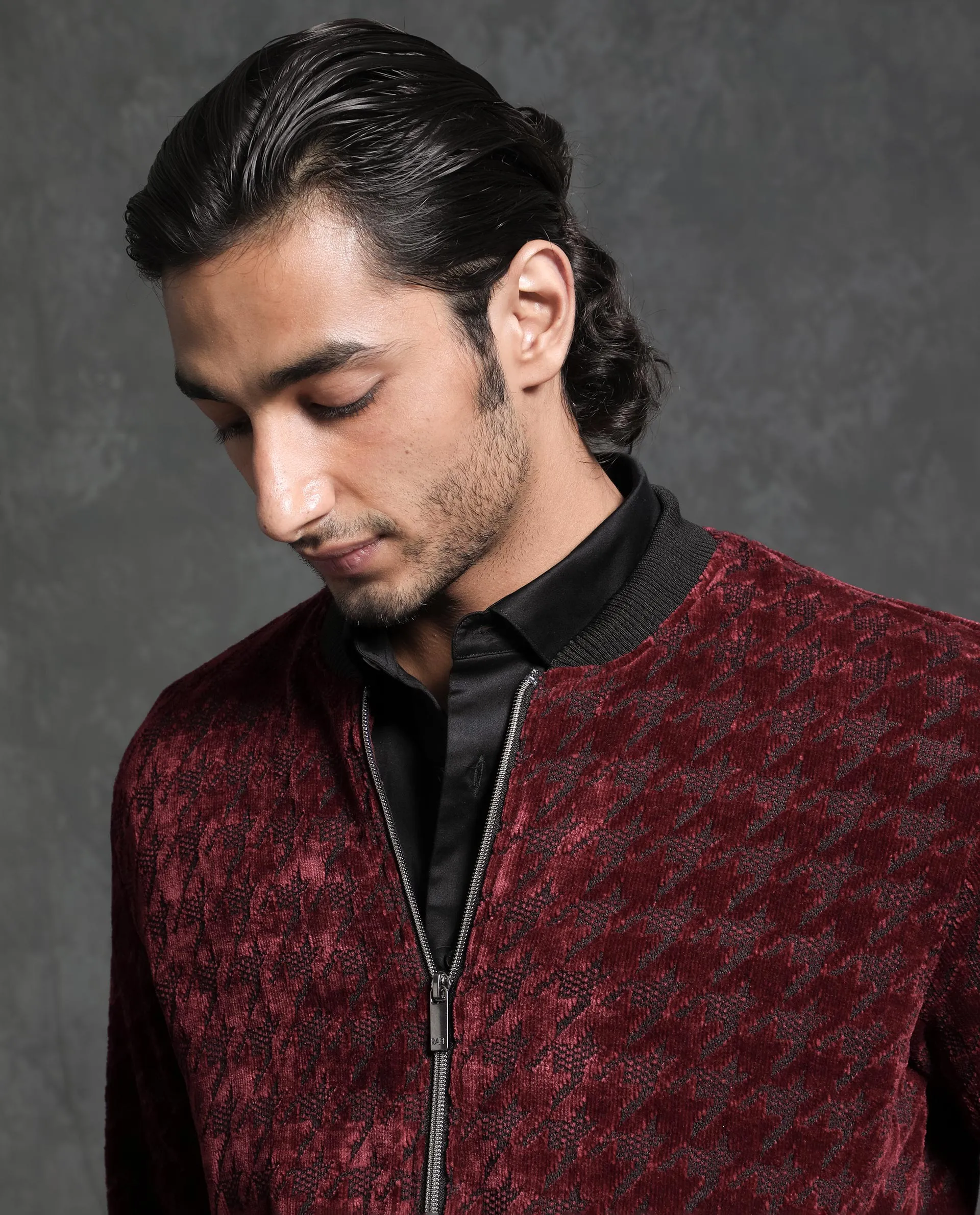 Rare Rabbit Men's Beldon Red Velvet Full Sleeves Zipper Closure Regular Fit Houndstooth Jacquard Bomber Jacket