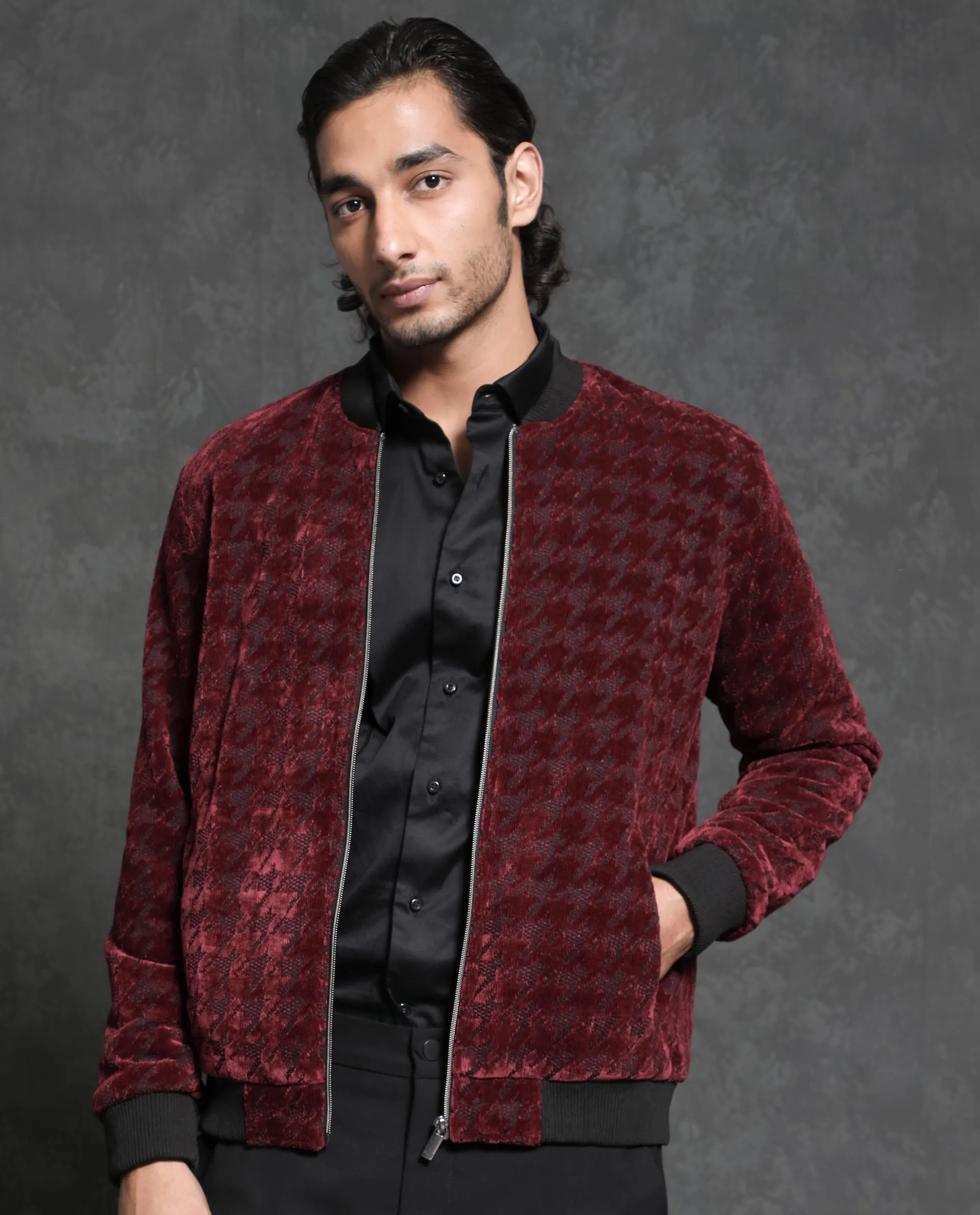 Rare Rabbit Men's Beldon Red Velvet Full Sleeves Zipper Closure Regular Fit Houndstooth Jacquard Bomber Jacket