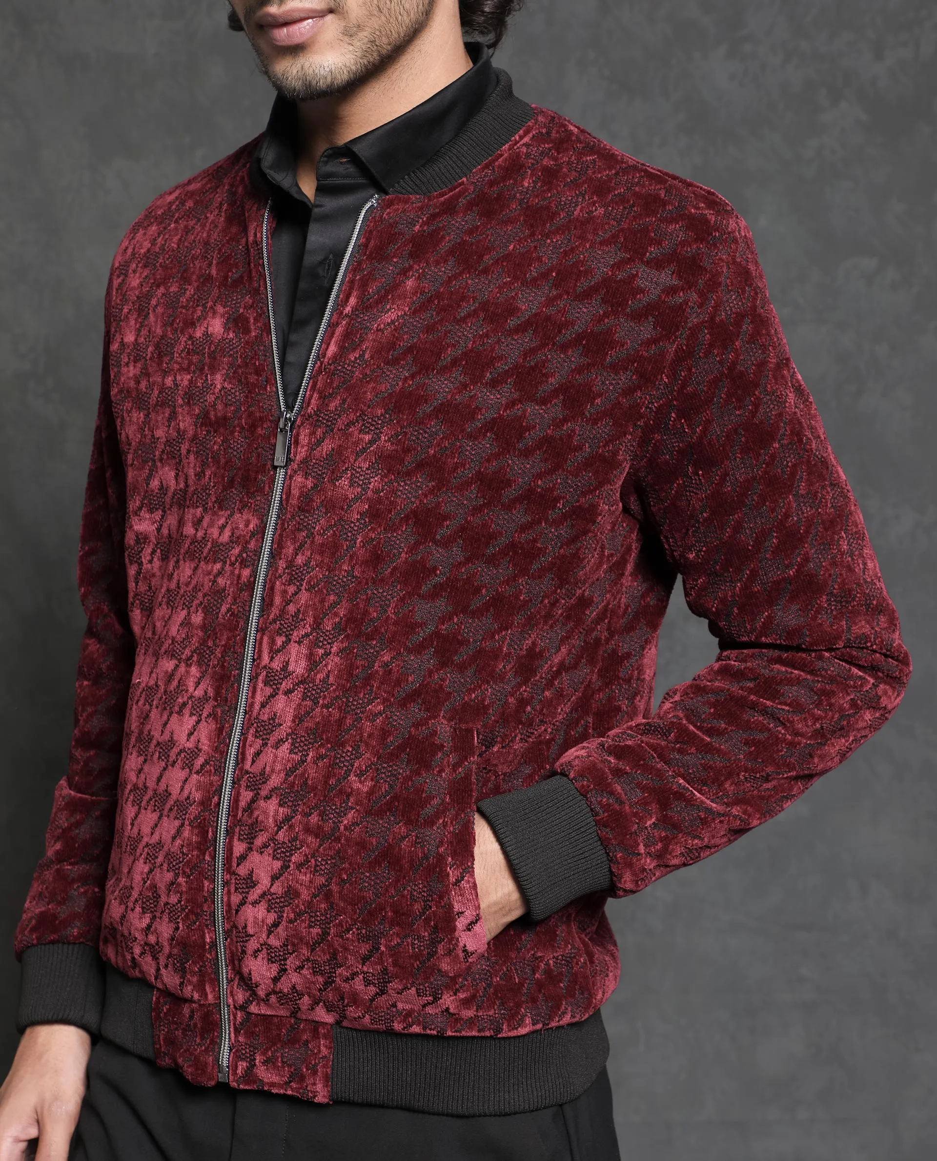 Rare Rabbit Men's Beldon Red Velvet Full Sleeves Zipper Closure Regular Fit Houndstooth Jacquard Bomber Jacket