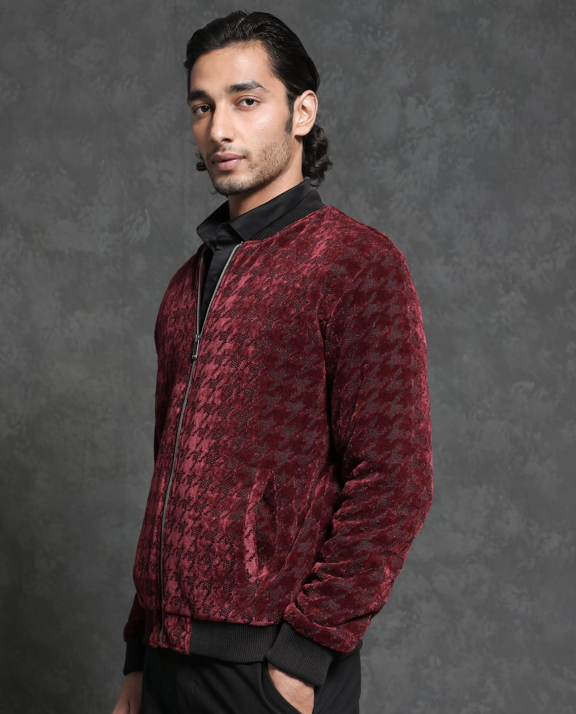 Rare Rabbit Men's Beldon Red Velvet Full Sleeves Zipper Closure Regular Fit Houndstooth Jacquard Bomber Jacket