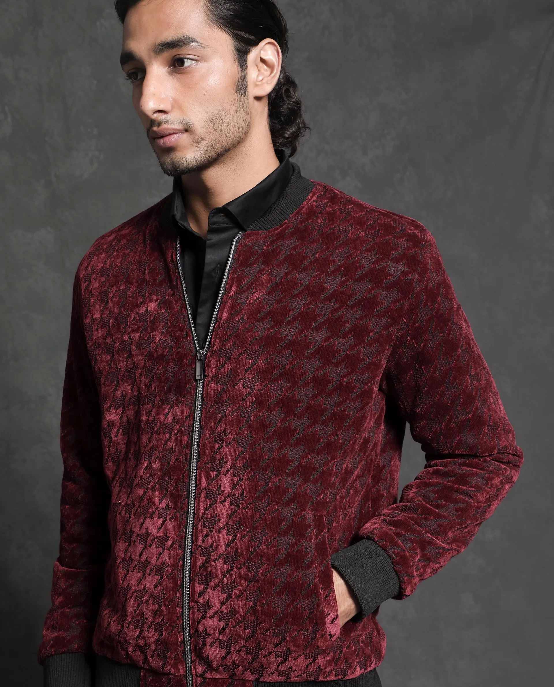 Rare Rabbit Men's Beldon Red Velvet Full Sleeves Zipper Closure Regular Fit Houndstooth Jacquard Bomber Jacket