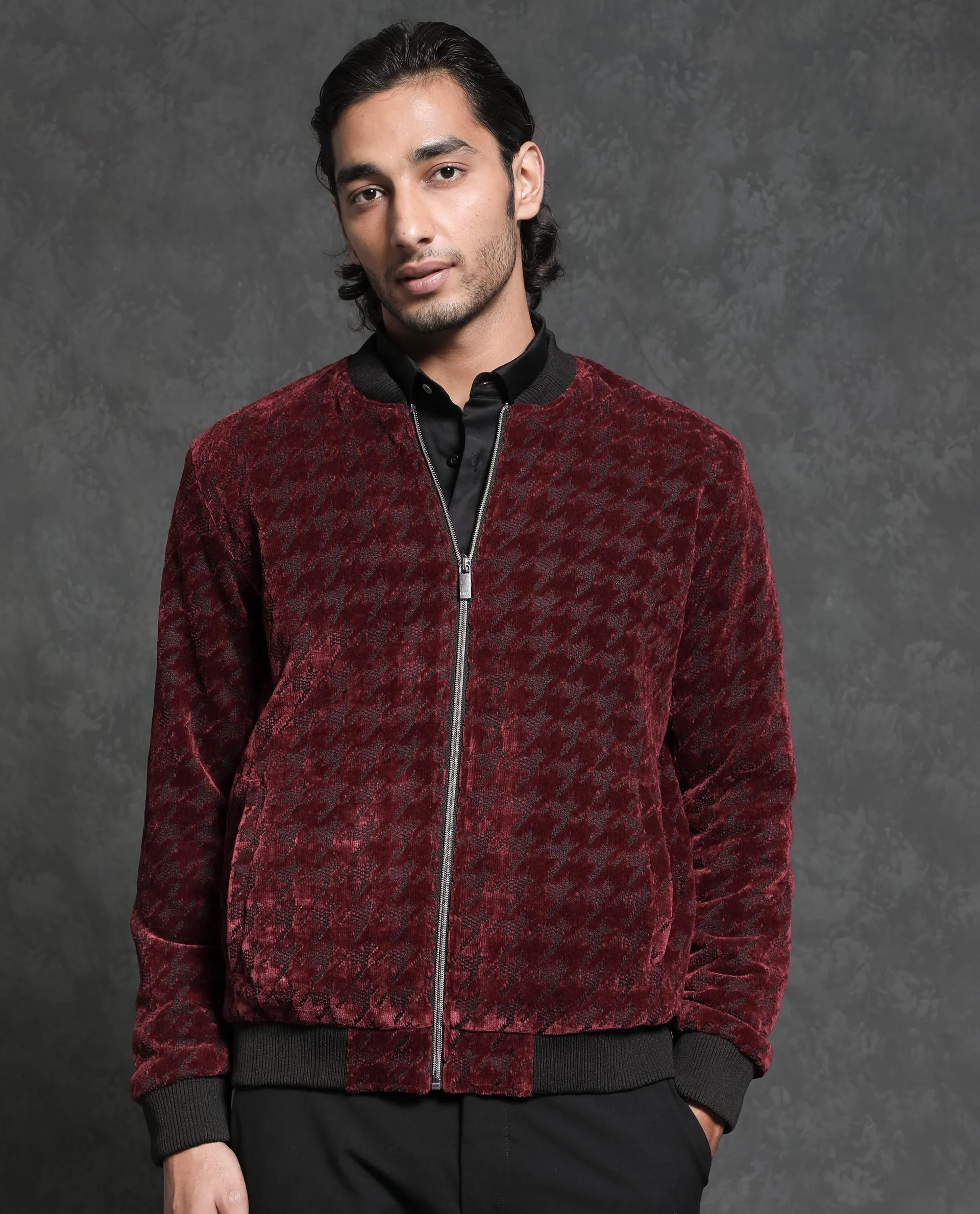 Rare Rabbit Men's Beldon Red Velvet Full Sleeves Zipper Closure Regular Fit Houndstooth Jacquard Bomber Jacket