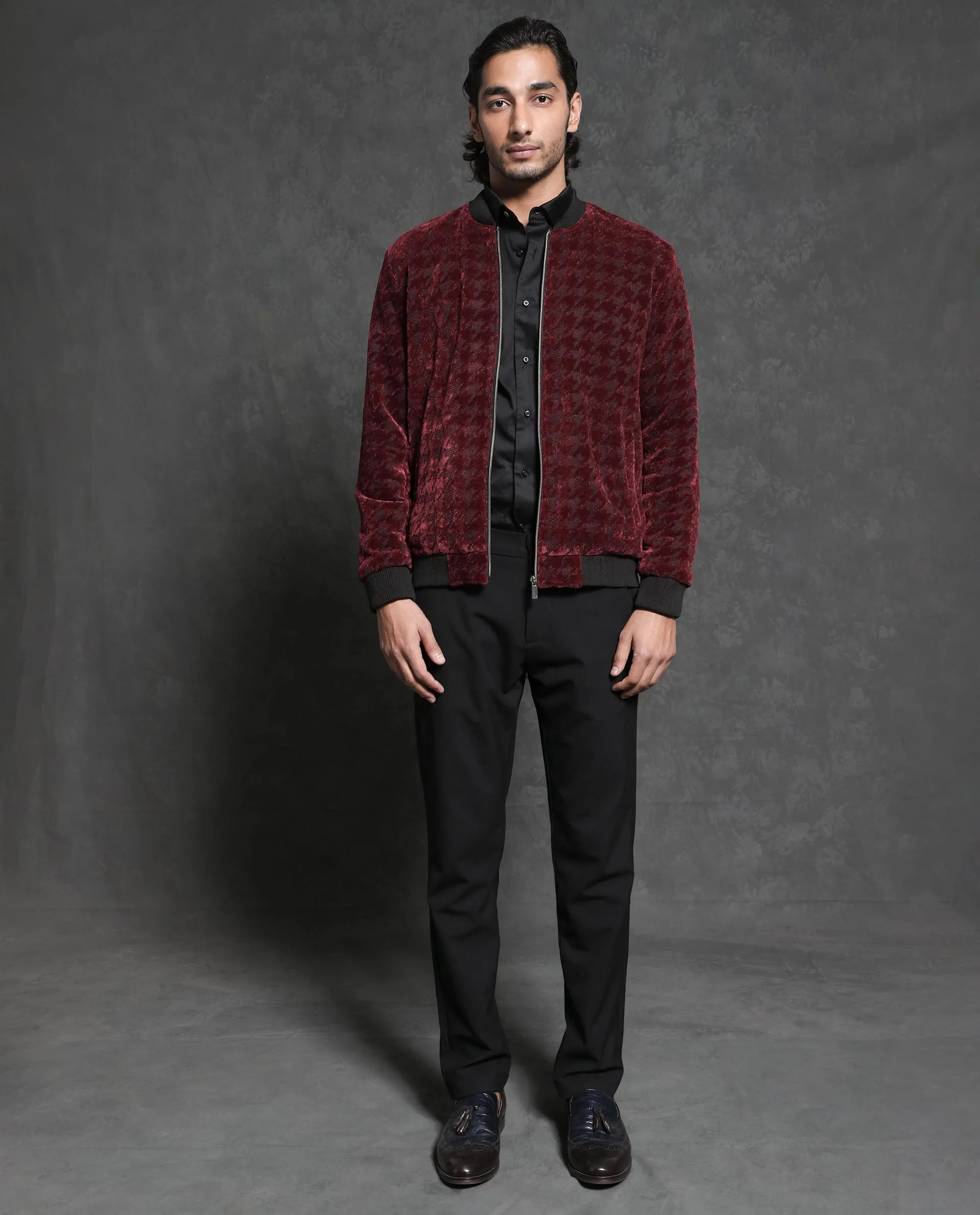 Rare Rabbit Men's Beldon Red Velvet Full Sleeves Zipper Closure Regular Fit Houndstooth Jacquard Bomber Jacket