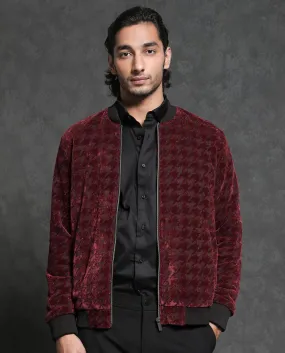 Rare Rabbit Men's Beldon Red Velvet Full Sleeves Zipper Closure Regular Fit Houndstooth Jacquard Bomber Jacket