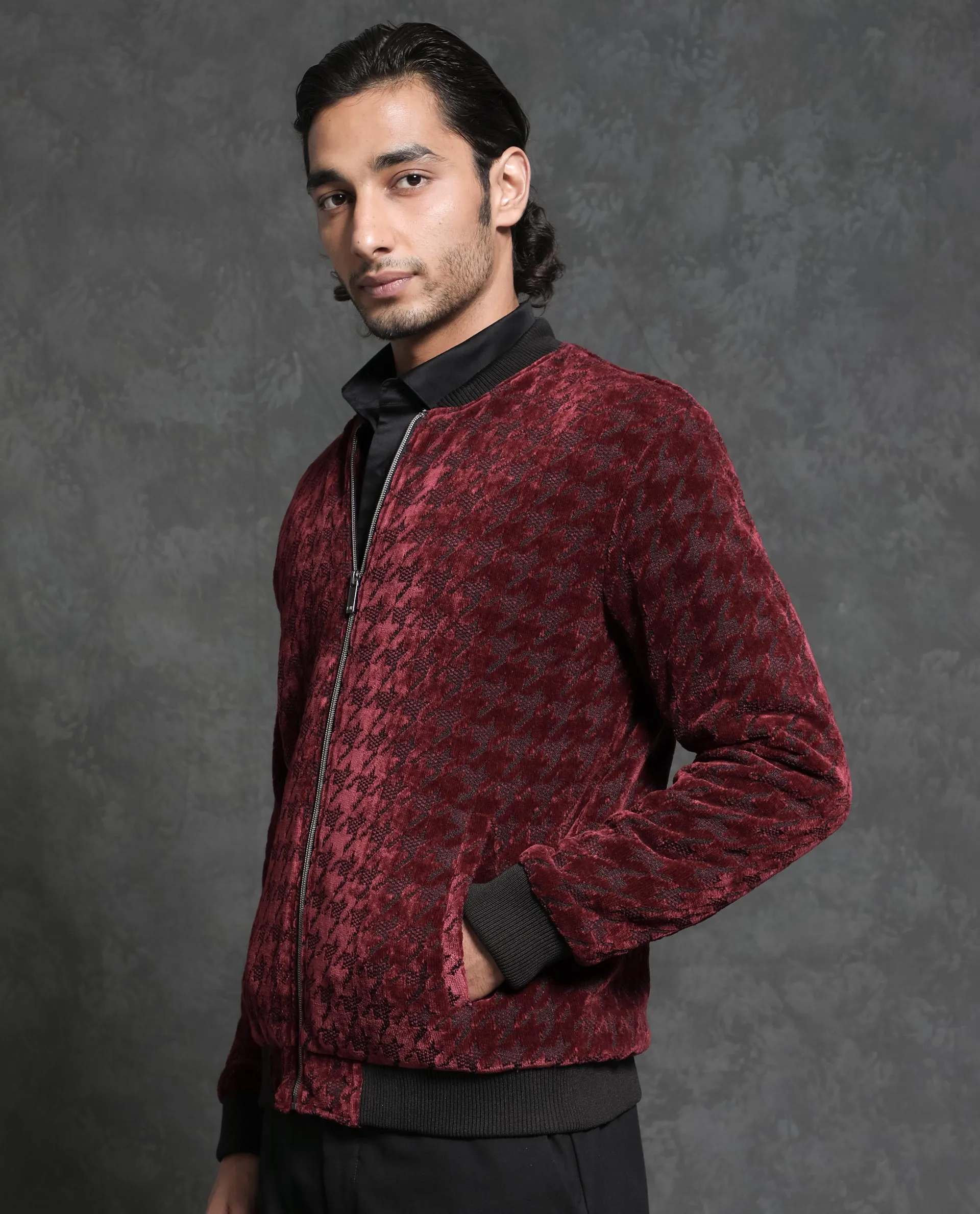 Rare Rabbit Men's Beldon Red Velvet Full Sleeves Zipper Closure Regular Fit Houndstooth Jacquard Bomber Jacket