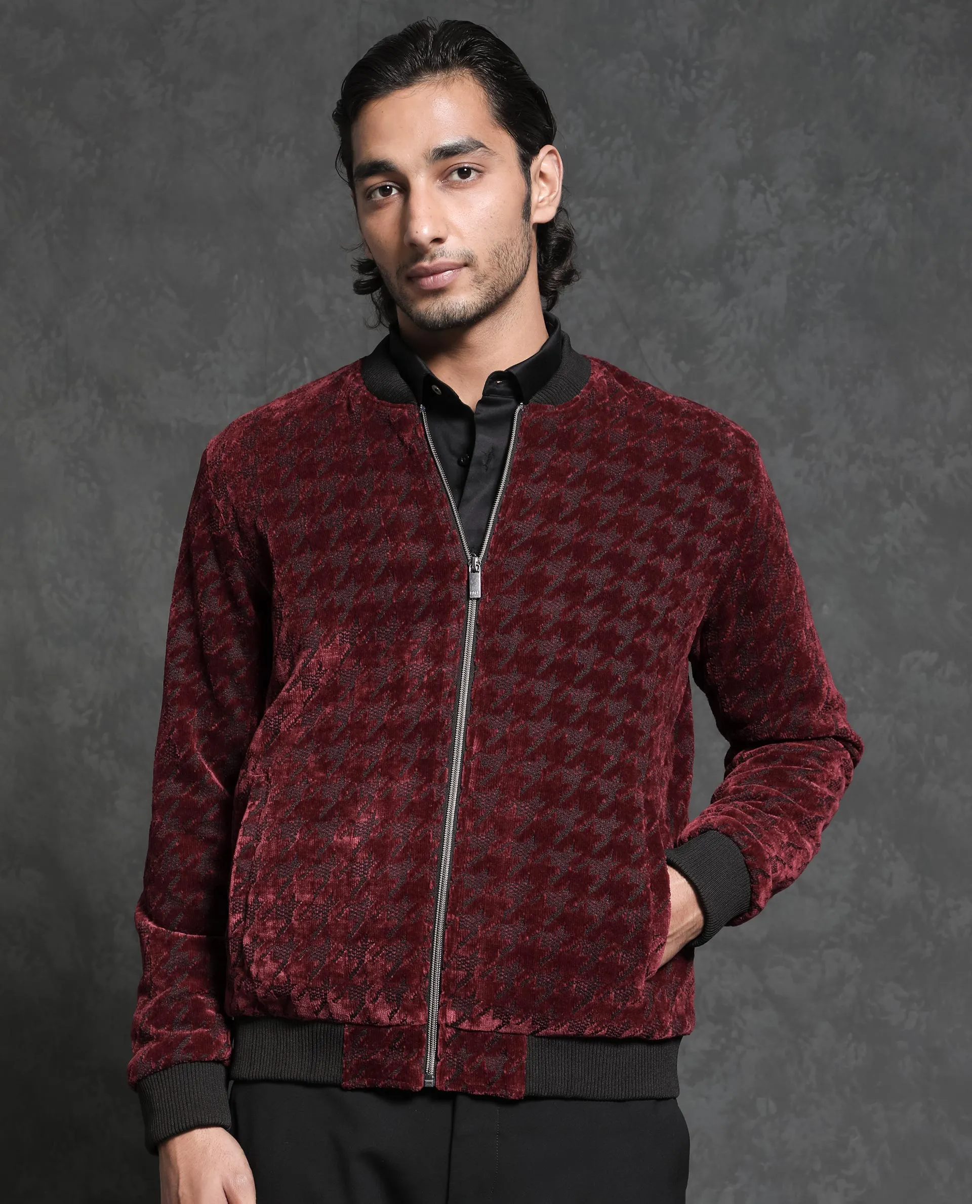 Rare Rabbit Men's Beldon Red Velvet Full Sleeves Zipper Closure Regular Fit Houndstooth Jacquard Bomber Jacket