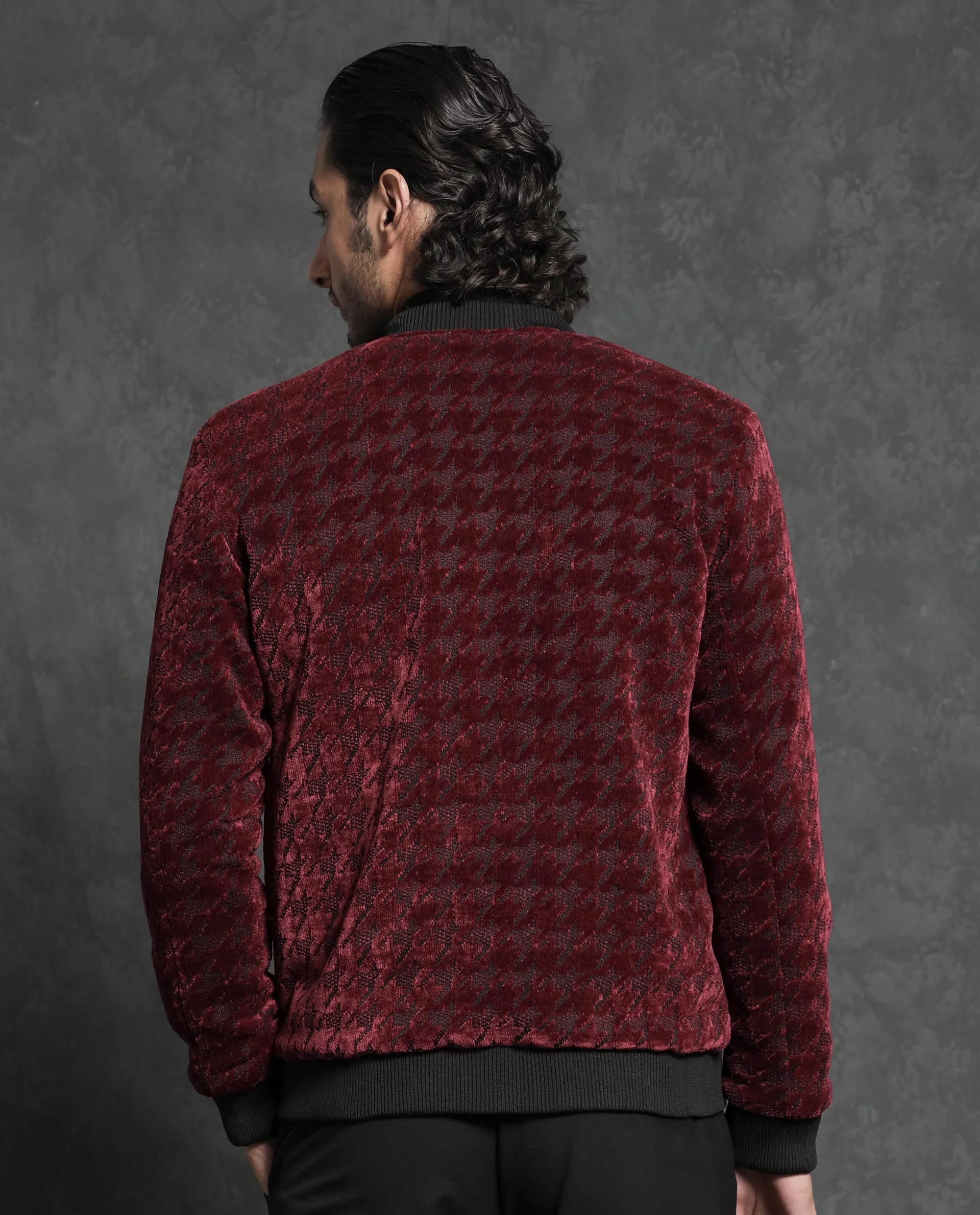 Rare Rabbit Men's Beldon Red Velvet Full Sleeves Zipper Closure Regular Fit Houndstooth Jacquard Bomber Jacket