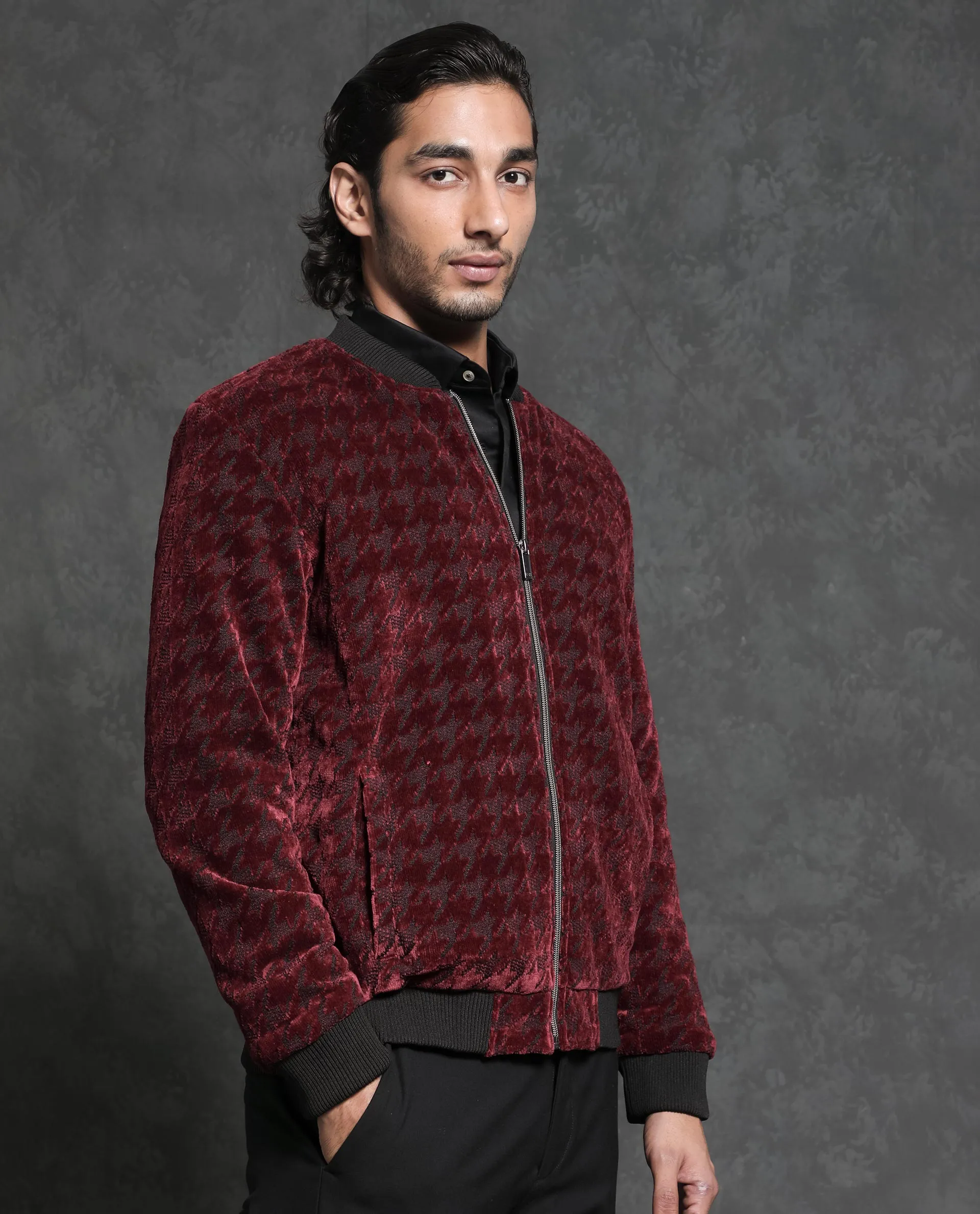 Rare Rabbit Men's Beldon Red Velvet Full Sleeves Zipper Closure Regular Fit Houndstooth Jacquard Bomber Jacket