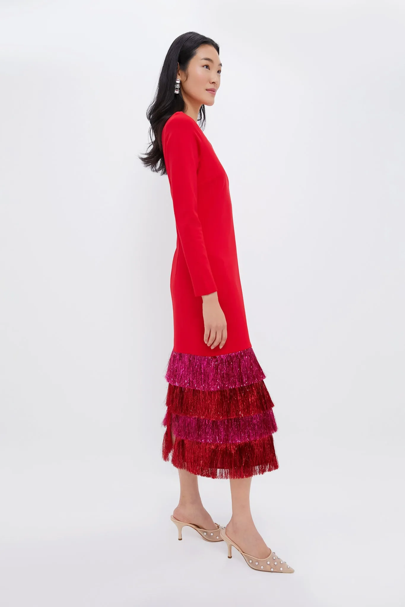 Red & Pink Metallic Fringe Francie Long Sleeve Maxi Dress